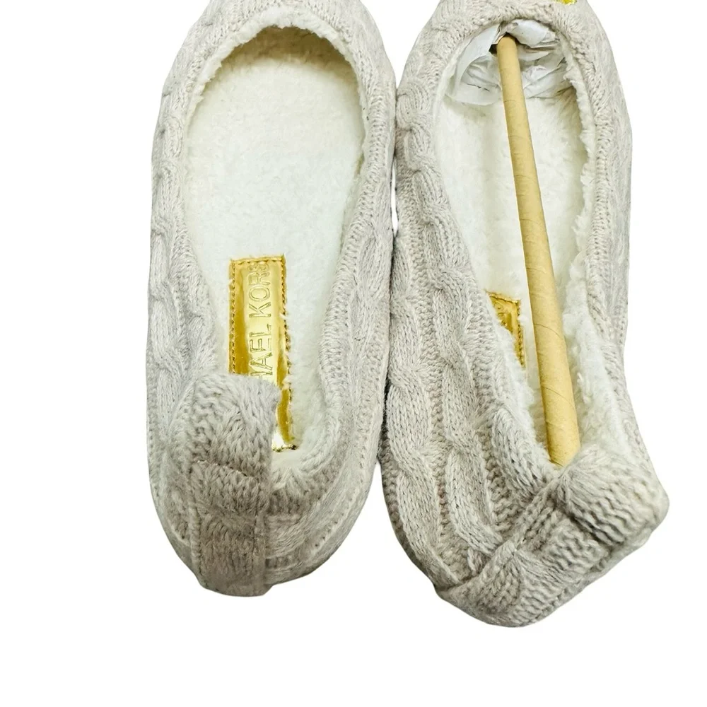 Michael Kors Jetset Faux Shearling Lined Ballet Cream Knit Flats Gold Emblem